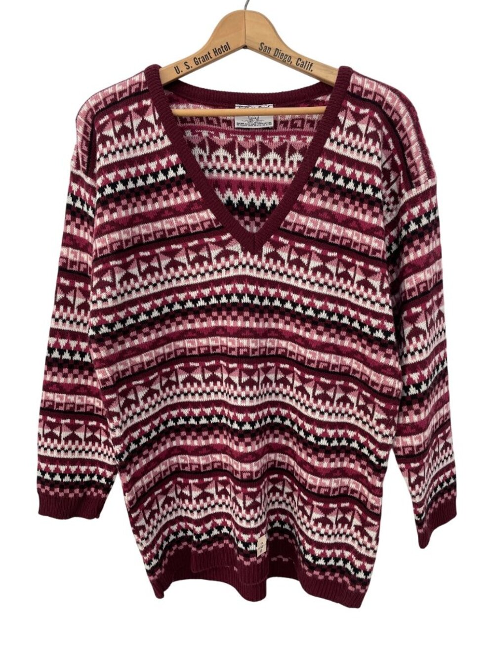 Vintage 90s College Point Sweater Medium Fair Isle V Neck Burgundy Deadstock NEW